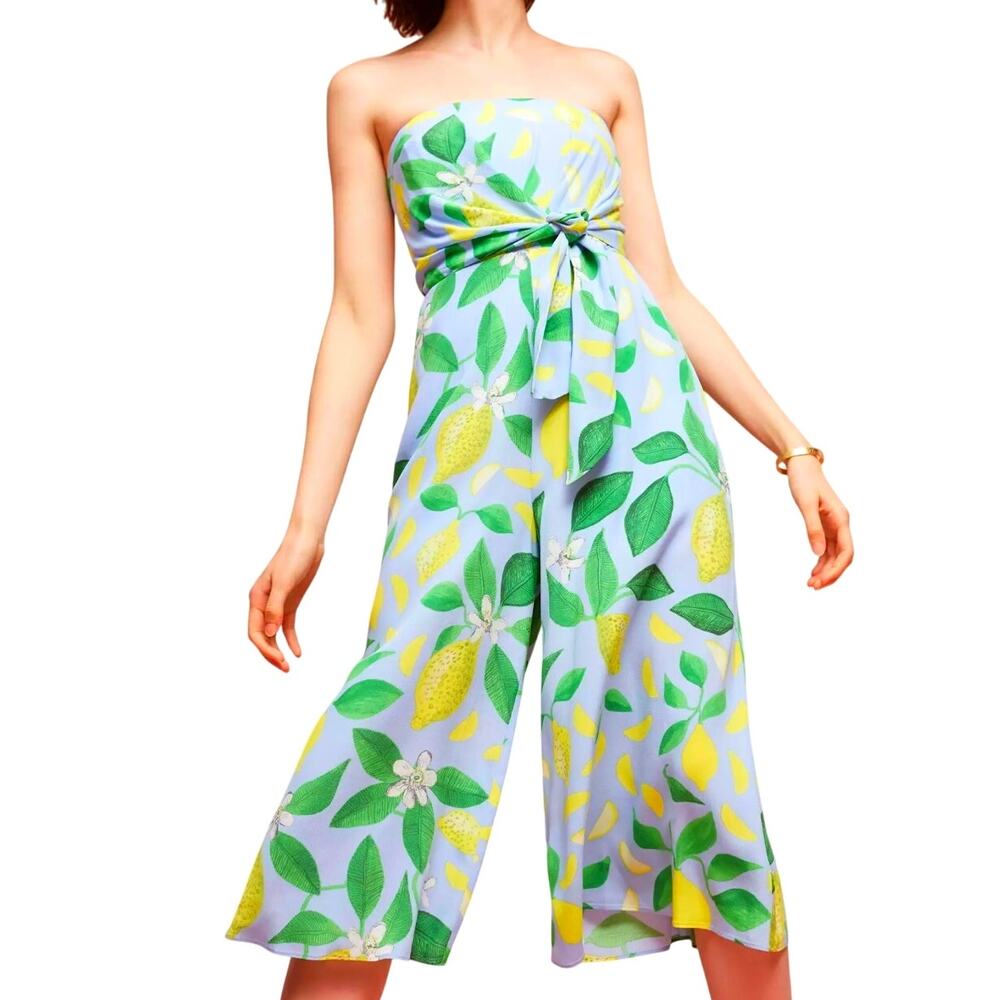 Maeve Strapless Lemon-Print Wide-Leg Jumpsuit in Yellow & Green